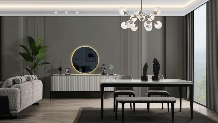  Esszimmer Set 8tlg.Esstisch 4x Stühle Spiegel Anrichte Bank Helles Farbe