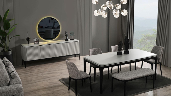  Esszimmer Set 8tlg.Esstisch 4x Stühle Spiegel Anrichte Bank Helles Farbe
