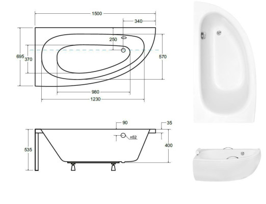 Badewanne Eckwanne Eck 150*70 cm Acrylwanne Wanne Bad Deko Eckbadewanne