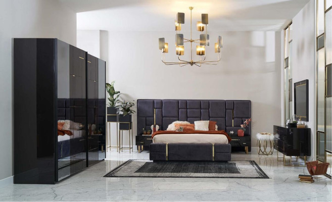Design Doppelbett Bettrahmen Luxus Schlafzimmer Holz Set 6tlg Schwarz