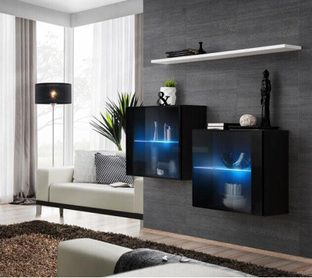 Schwarz Wandschrank Komplett Wohnwand Wand Regal Modern Designer Holzmöbel