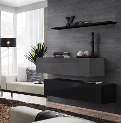 Wohnwand Wohnzimmer Schrankwand Modern Schwarz Holz Schrank Wand Regal