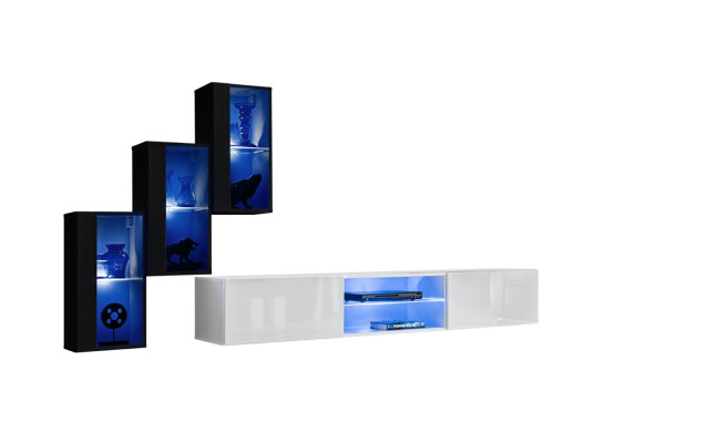 Neu Wohnwand Schwarz 3x Wandschrank Einrichtung TV-Ständer Modern Set