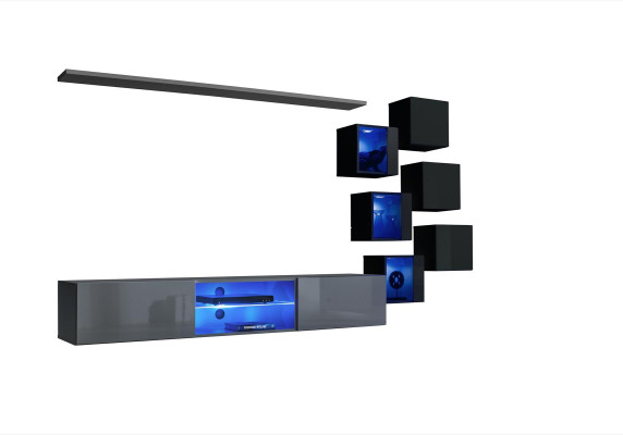 Set Modern Grau Einrichtung Wohnwand TV-Ständer Sideboard Holzmöbel Wandschrank