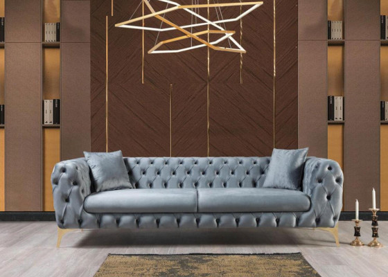 Chesterfield Sofagarnitur Dreisitzer Sessel Blau Luxus Set 3tlg 3+3+1