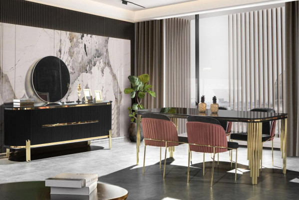 Esszimmermöbel Esstisch Edelstahltisch Goldene Holzmöbel Schwarz Modern