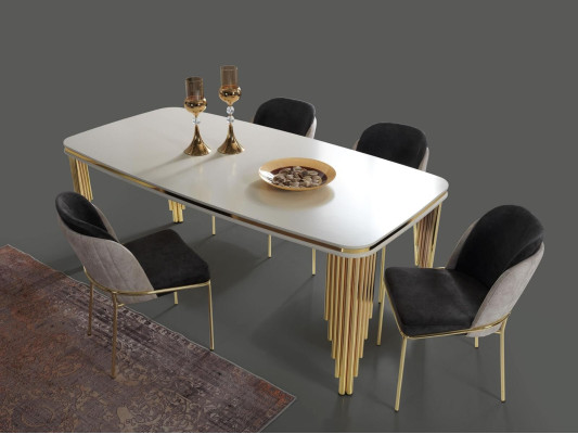 Luxus Esszimmer Garnitur Essgruppe Esstisch Stühle Set 6tlg Gold Weiß