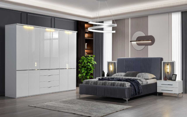 Weiß-Graue Schlafzimmer Möbel Textilbett Nachttisch Kleiderschrank 4tlg