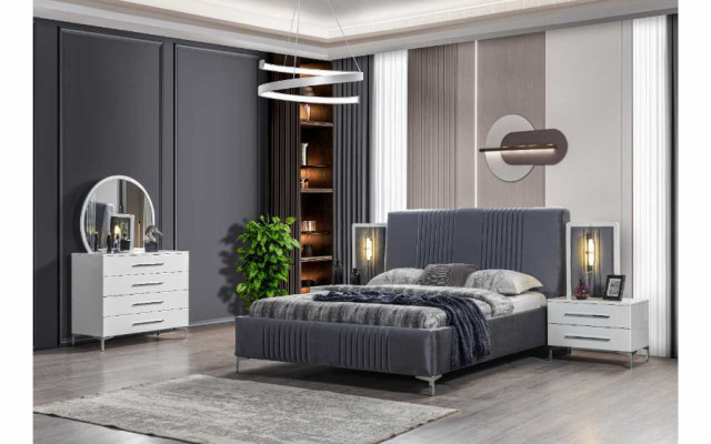 Weiße Schlafzimmer Möbel Textilbett Großer Kleiderschrank Nachttische