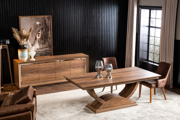 Tisch Esstisch Brauner Holz Säulentisch Essgruppe mit 4 Stühlen Stuhl Set