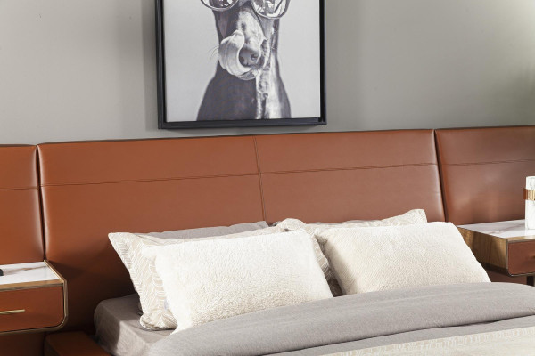 Luxus Schlafzimmer Set Orange Terrakotta Bett Leder Kommode Nachttisch 4tlg.
