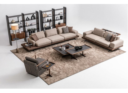 Braunes Textil Sofa Set Wohnzimmer Couche Dreisitzer Luxus Holzmöbel