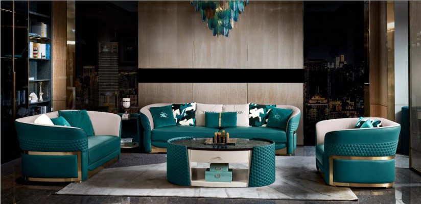 Couchtisch Holz Leder Turkis Ovaler Modern Design Möbel Luxus Wohnzimmer 140x83