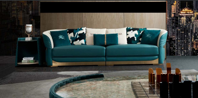 Sofa 3 Sitzer Turkis Leder Luxus Moderne Design Möbel Italienisches