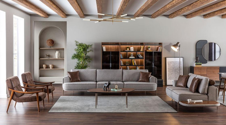 Graue Polster 3+2 Sitzer Garnitur Wohnzimmer Designer Couchtisch Luxus Möbel