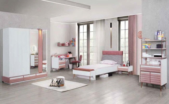 Komplett Jugendzimmer Kinderzimmer Set Tisch Bett Kleiderschrank Kommode 5tlg