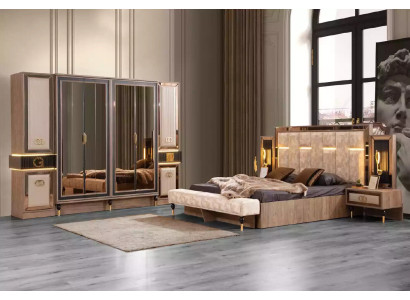 Moderne Betten Doppelbett Set 4tlg Schlafzimmer Garnitur Stoff Beige