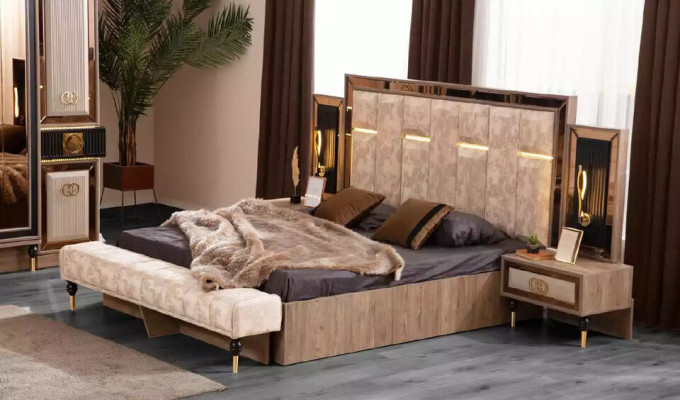 Moderne Betten Doppelbett Set 4tlg Schlafzimmer Garnitur Stoff Beige