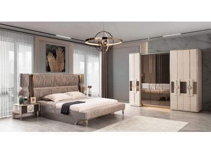 Modern Garnitur Doppelbett Bett Beige Holz Luxus Schlafzimmer Set 4tlg