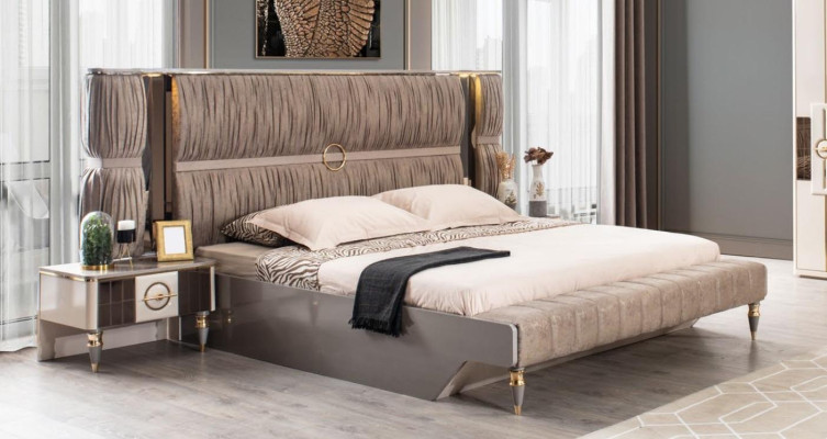 Modern Garnitur Doppelbett Bett Beige Holz Luxus Schlafzimmer Set 4tlg