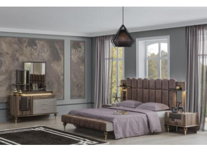 Doppelbett Garnitur Luxus Schlafzimmer Holz Braun Stoff Bett Set 4tlg