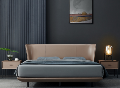 Beiges Kunstleder Schlafzimmer Doppelbett Designer Holzgestell Betten