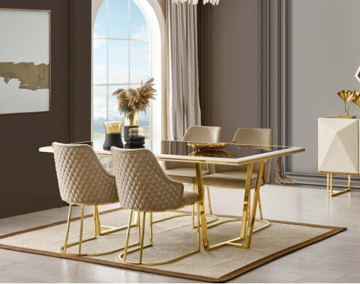 Moderne Essgruppe Luxus Essecke Esstisch Esstisch Stühle 7tlg Beige Gold Set
