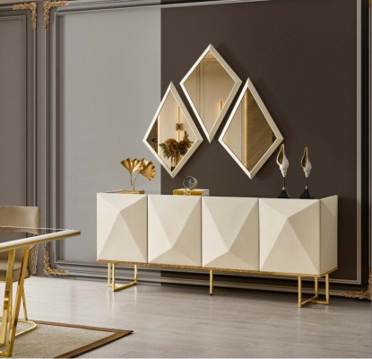 Garnitur Sideboard mit Spiegel Schrank Anrichte Beige Kommode Holz Set