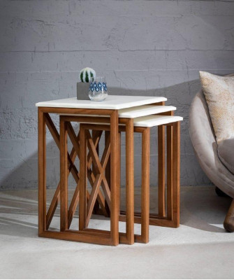 Weiße Couchtisch-Garnitur 3x Quadratische Holztische Wohnzimmer Möbel