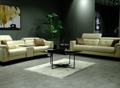 Beige Leder Sofagarnitur Designer 3-Sitzer Zweisitzer Couch 2tlg Set