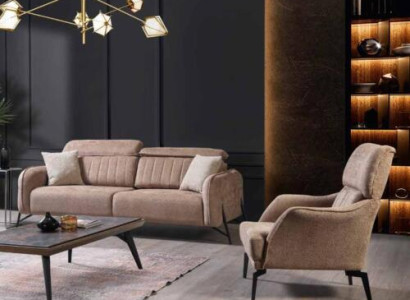 Beiges Wohnzimmer Stoffsofa Luxuriöser Sessel 3-Sitzer Einsitzer 2tlg