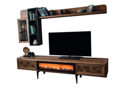 Braune Wohnzimmer Wandgarnitur Designer TV-Ständer RTV Holz Regale LED