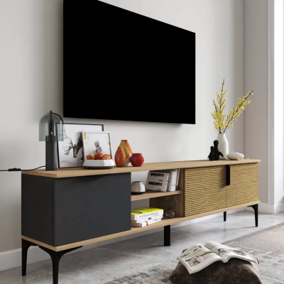 Braun-Grau RTV TV-Lowboard Schrank Modern Design Rechteckig Form Wohnzimmer