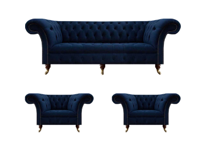 Wohnzimmer Set 3tlg Chesterfield Blau Luxus Dreisitzer Sofa 2x Sessel Neu