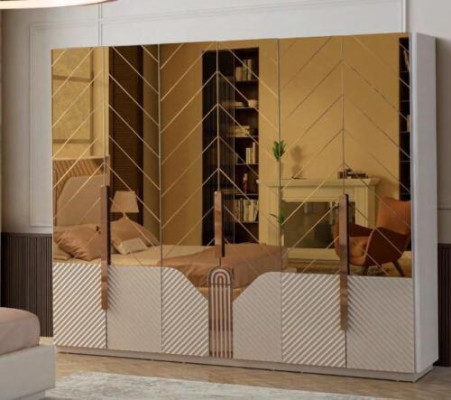Moderner Beiger Kleiderschrank 6-türiger Schlafzimmer Schrank Holz Möbel
