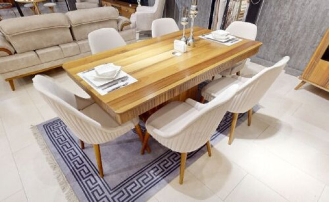 Hellbrauner Holztisch Designer Esszimmer Möbel 6x Weiße Polsterstühle