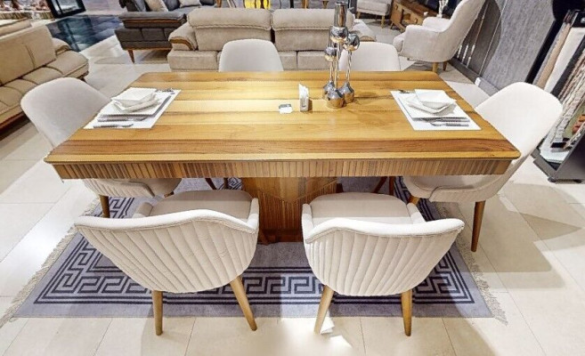 Hellbrauner Holztisch Designer Esszimmer Möbel 6x Weiße Polsterstühle