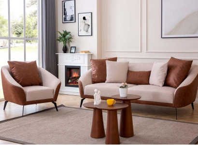 Braun-Beige Wohnzimmer Sofagarnitur Designer Dreisitzer Luxus Sessel