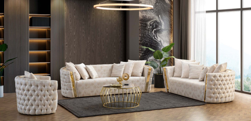 Beige Chesterfield Couchgarnitur 2x Edelstahl Polster 3-Sitzer 2tlg Set