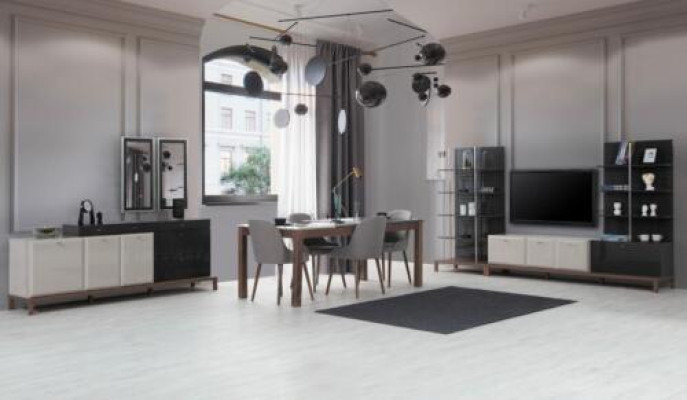 Moderne Esszimmergarnitur Designer Esstisch 6x Stühle Anrichte Lowboard