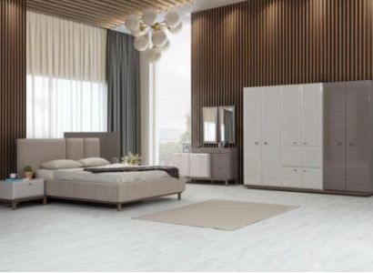 Beiges Exklusive Schlafzimmer Garnitur Doppelbett Nachtkonsolen Schrank