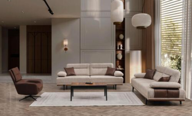 Komplette Stoffsofa Dreisitzer Sessel Couch Beige 3tlg Polstersofa Set