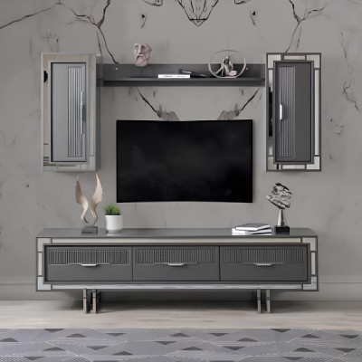 Wohnwand TV Ständer Schranke Couchtisch RTV Lowboard Grau Set 3tlg