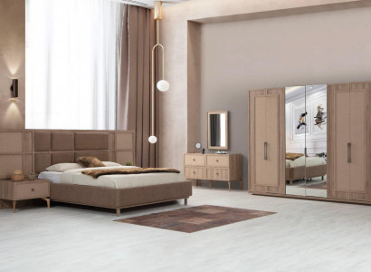 Beiges Schlafzimmer Set Polsterbett 2x Nachttische Schminktisch Schrank