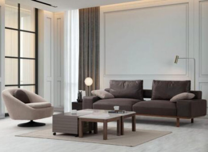 Braun-Beige Wohnzimmer Sitzgarnitur Designer 3-Sitzer Sessel Couchtisch