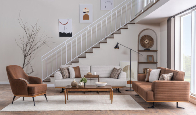 Luxuriöses Set Grauer Dreisitzer-Sofas für Wohnzimmer Modernes Design