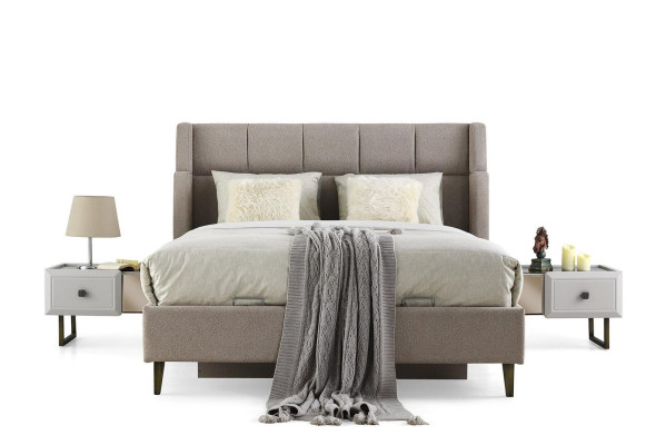 Weiß-Beige Schlafzimmer Möbel Polsterbett Holz Nachttische Schrank 4tlg