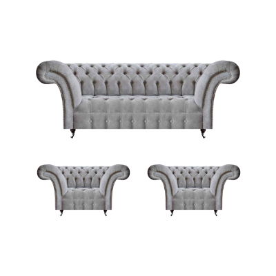 Grau Sofagarnitur 3tlg 2x Sessel Polstermöbel Dreisitzer Sofa Chesterfield