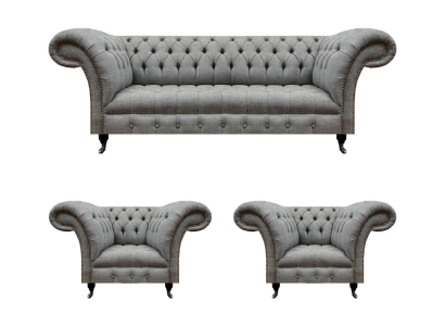 Wohnzimmer Set 3tlg Chesterfield Sofas Grau Textil Polstermöbel 2x Sessel