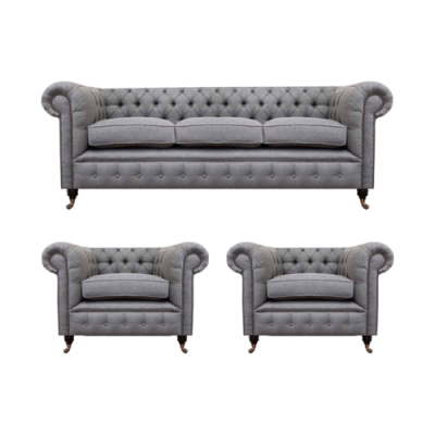 Grau Chesterfield Luxus Möbel Wohnzimmer Set 3tlg Sofas Textil Sessel